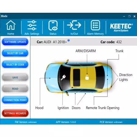 Autoalarm do auta s připojením na CAN BUS s dodatečnou autorizací, KEETEC BLADE CONTROL