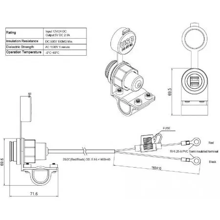 Nabíječka na motocykl USB-A, USB-A, s krytkou, 5V, 2.1A, MY1118